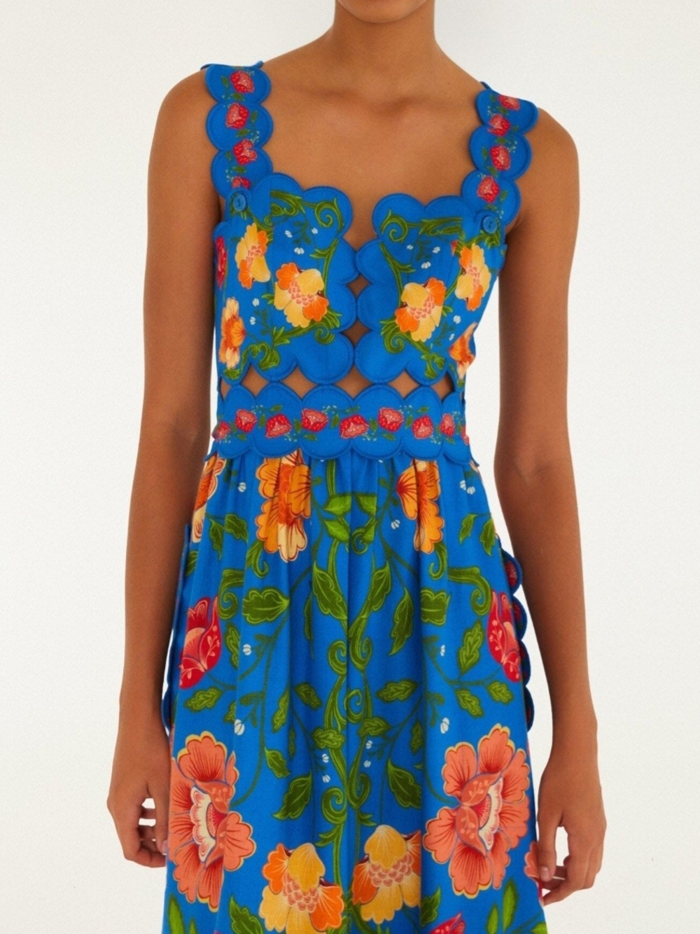 FARM Rio Bold Blue Floral Midi Dress with Orange & Pink Blooms - Picture 3 of 3